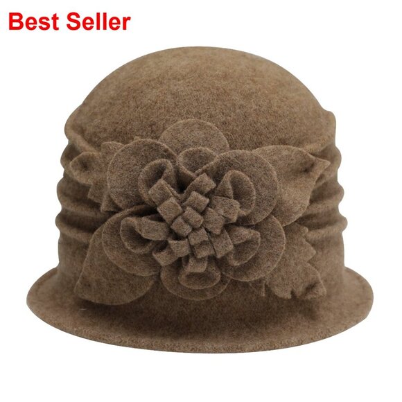Wool Blend Vintage Winter Cloche Bucket Hat with Stitched Flower Accent main image 7